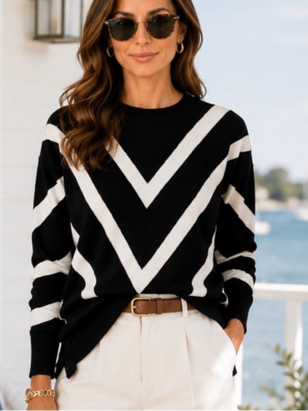 Belle France 100% Cashmere Chevron Sweater Black Ivory Medium 2 Ply Crew Neck